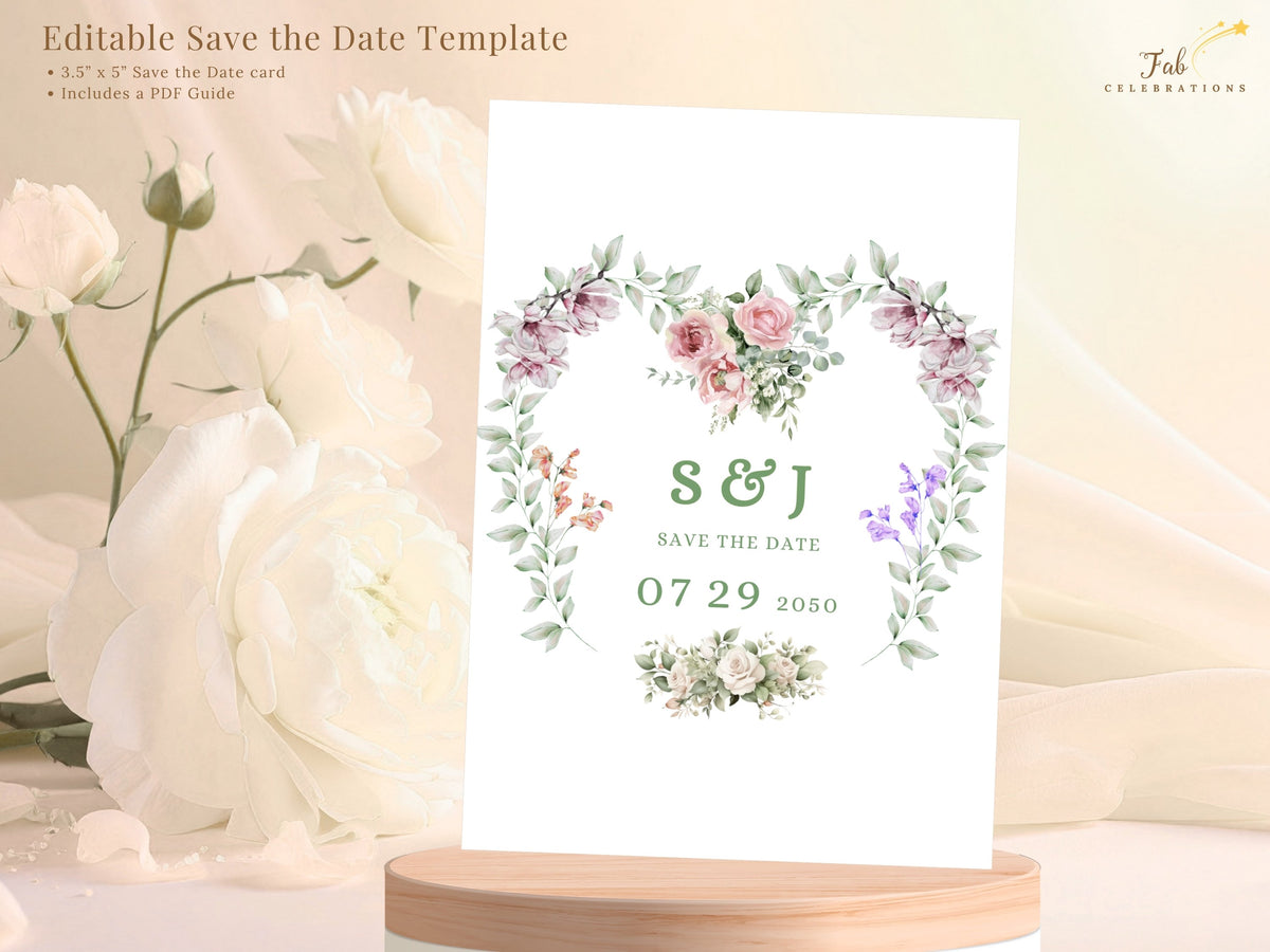Save the date card presented with feature text, showing a romantic watercolor-inspired floral heart design with personalized couple initials and an elegant wedding date announcement.
