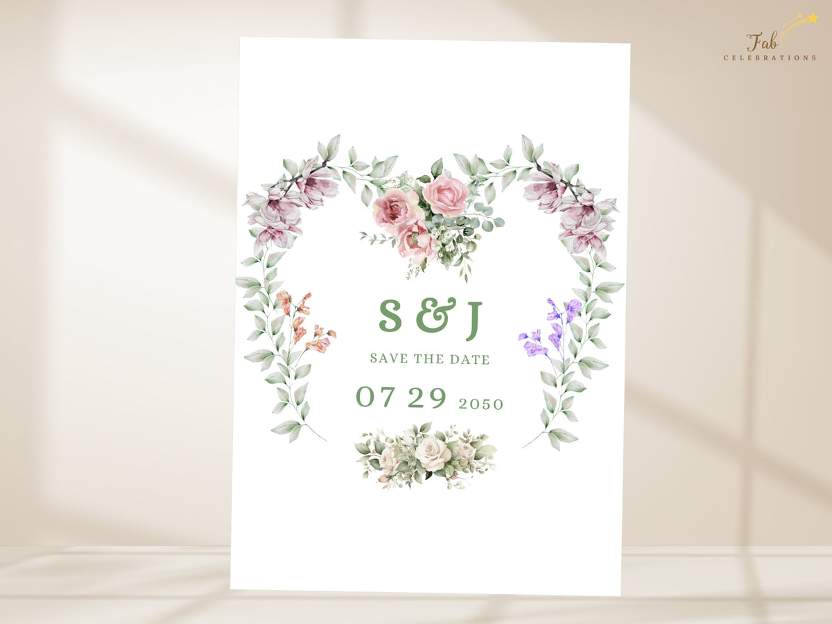 Wedding date announcement card featuring elegant couple initials and date framed by a romantic watercolor-inspired floral heart wreath with pink and purple botanical details.
