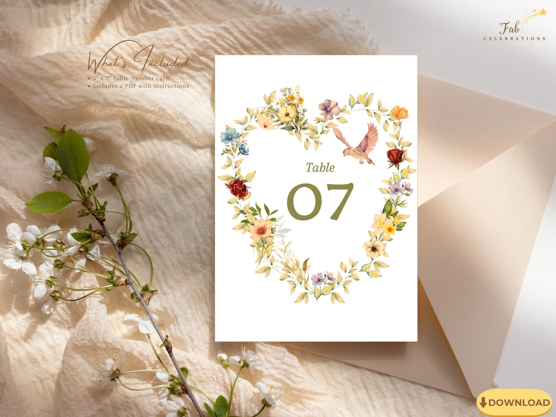 Editable Romantic Wedding Table Number with peach apricot florals, purple blue blossoms, sage green foliage and gold botanical accents creating timeless printable wedding reception décor.