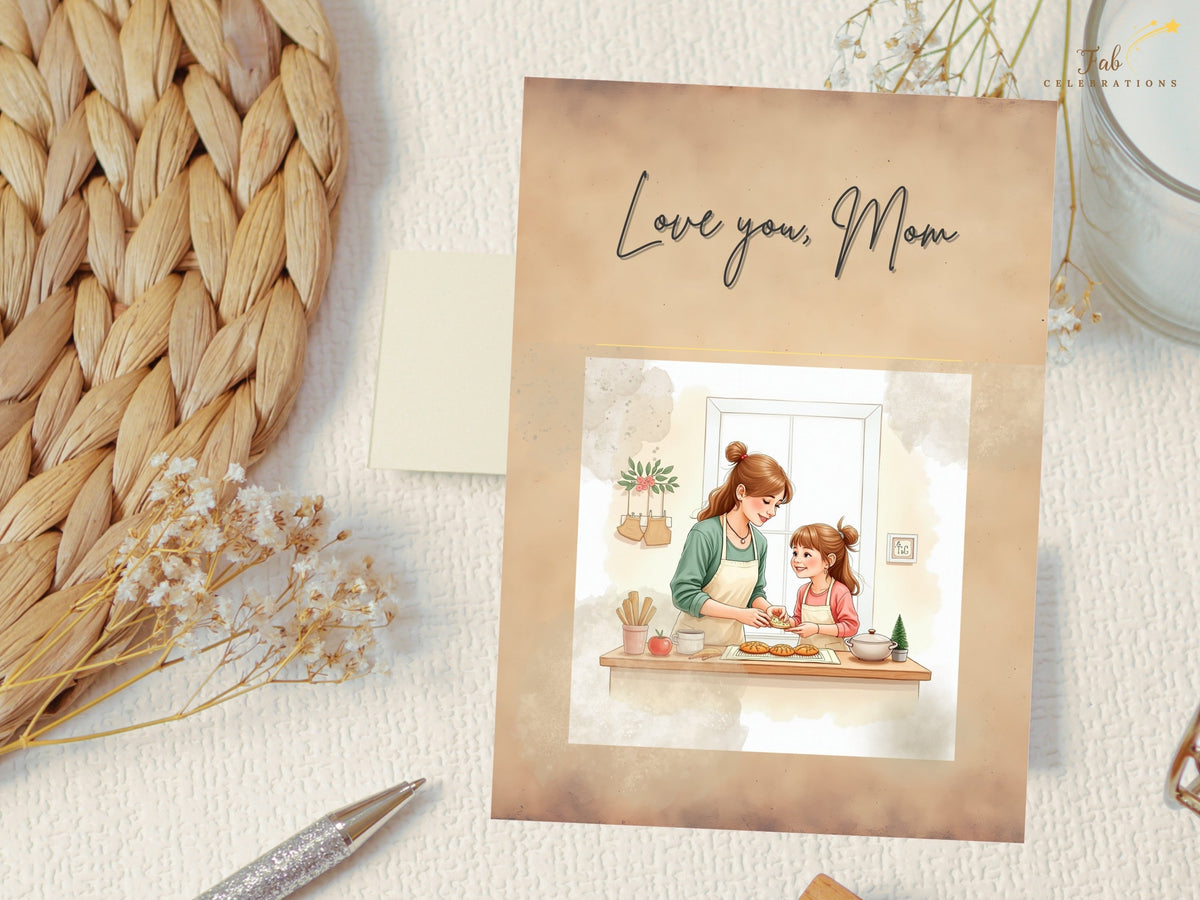 A printable Mother’s Day greeting card with the hand-lettered words “Love You Mom” above a watercolor-inspired illustration of a mother and daughter baking together in a cozy kitchen, in warm beige and peach tones. The delicate illustrated scene and expressive lettering make this editable Canva design a personal Mother’s Day keepsake.
