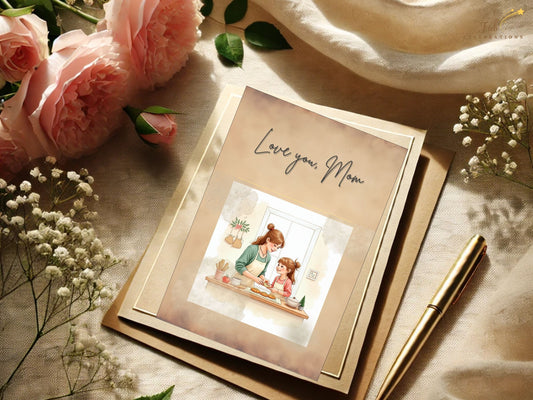 Love You Mom Card Printable featuring a tender mother and daughter baking together in a cozy kitchen scene, illustrated in soft watercolor-inspired neutral tones with elegant French-inspired typography.