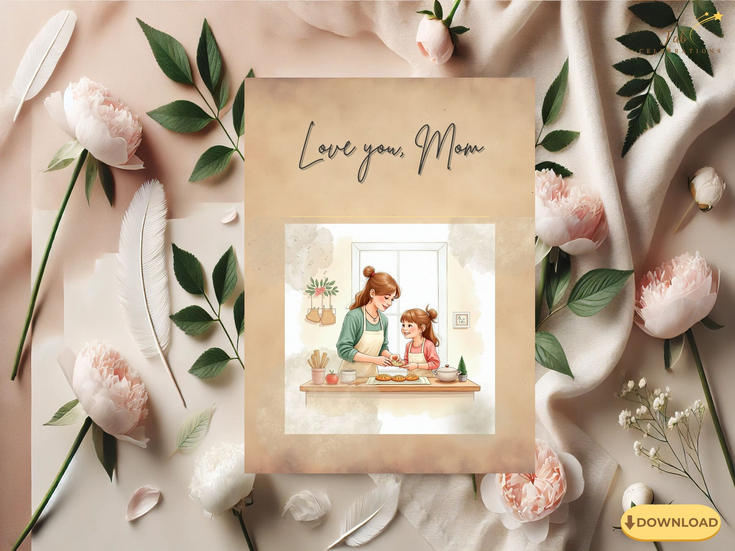 Love You Mom Card Printable showcasing a timeless mother and daughter baking moment, warm beige palette, refined typography, and an editable Canva layout for a heartfelt Mother’s Day keepsake.