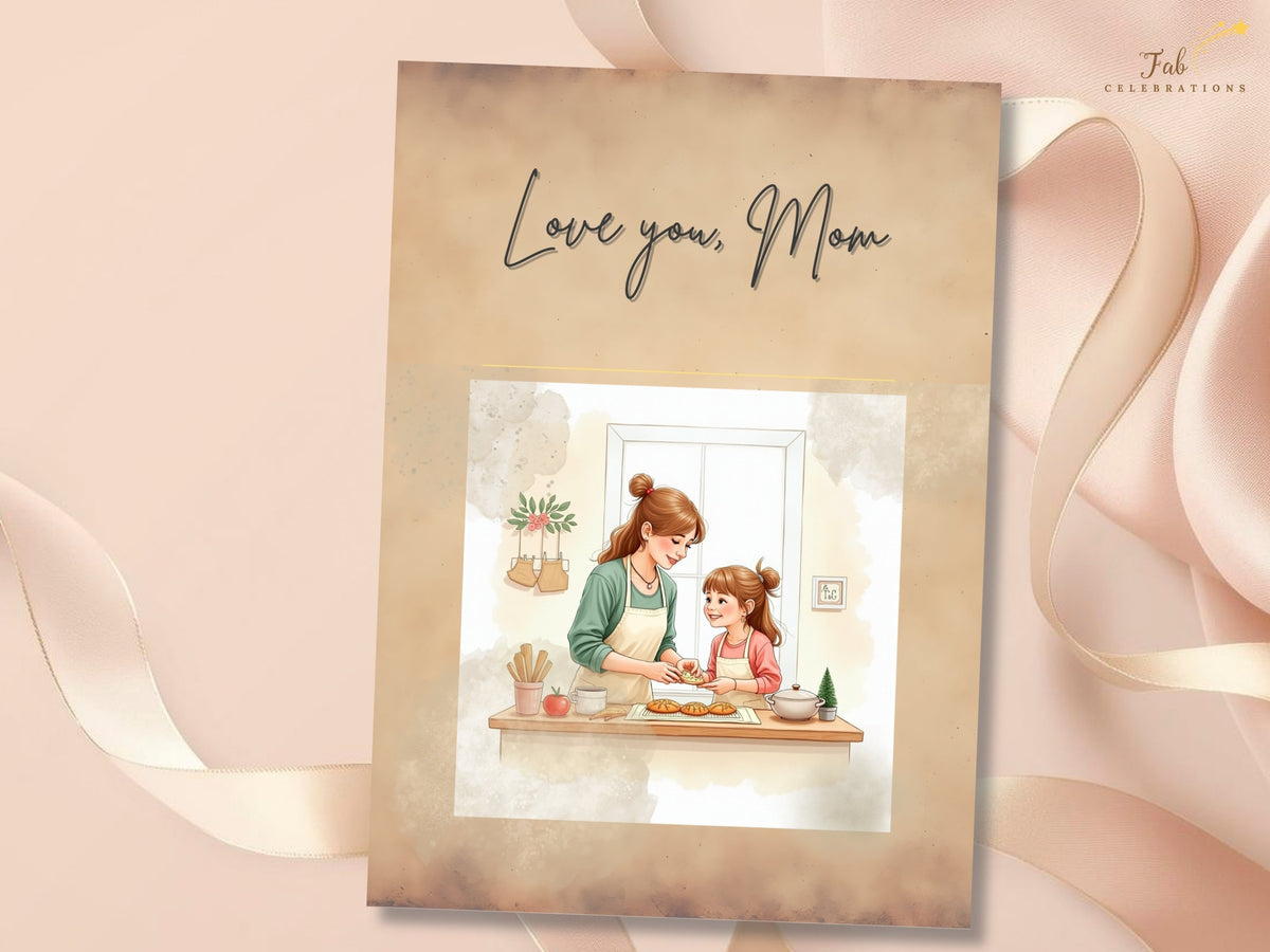 A printable Mother’s Day greeting card with the hand-lettered words “Love You Mom” above a watercolor-inspired illustration of a mother and daughter baking together in a cozy kitchen, in warm beige and peach tones. The card combines an affectionate message with a tender shared moment, suitable for editing and printing from Canva.