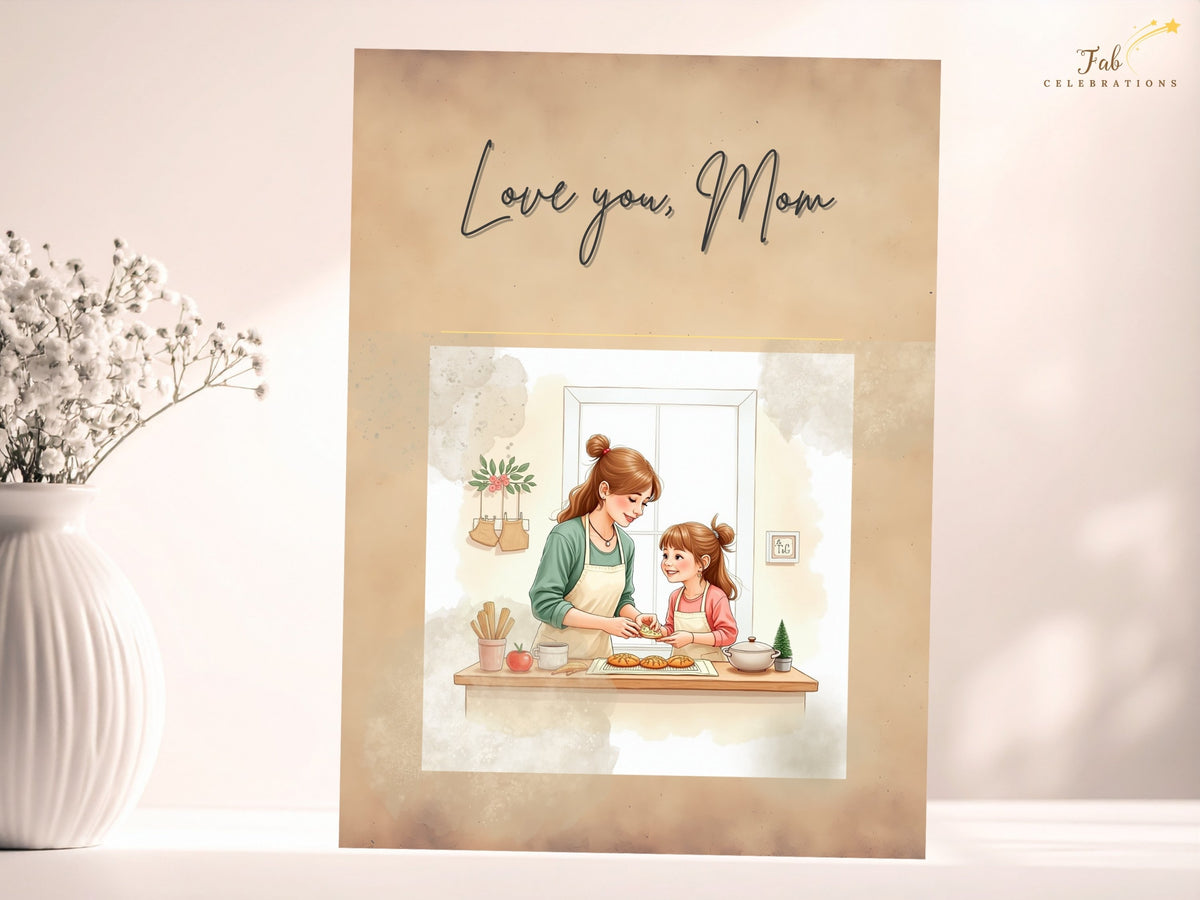 A printable Mother’s Day greeting card with the hand-lettered words “Love You Mom” above a watercolor-inspired illustration of a mother and daughter baking together in a cozy kitchen, in warm beige and peach tones. The illustrated kitchen scene highlights a warm family moment, with soft colors and an elegant, understated card layout.