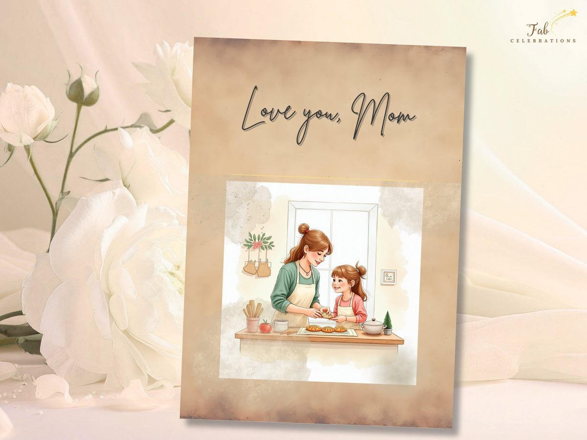 Love You Mom Card Printable featuring a hand-lettered greeting above a watercolor-inspired illustration of a mother and daughter baking together, with warm beige and peach details and an editable Canva design.
