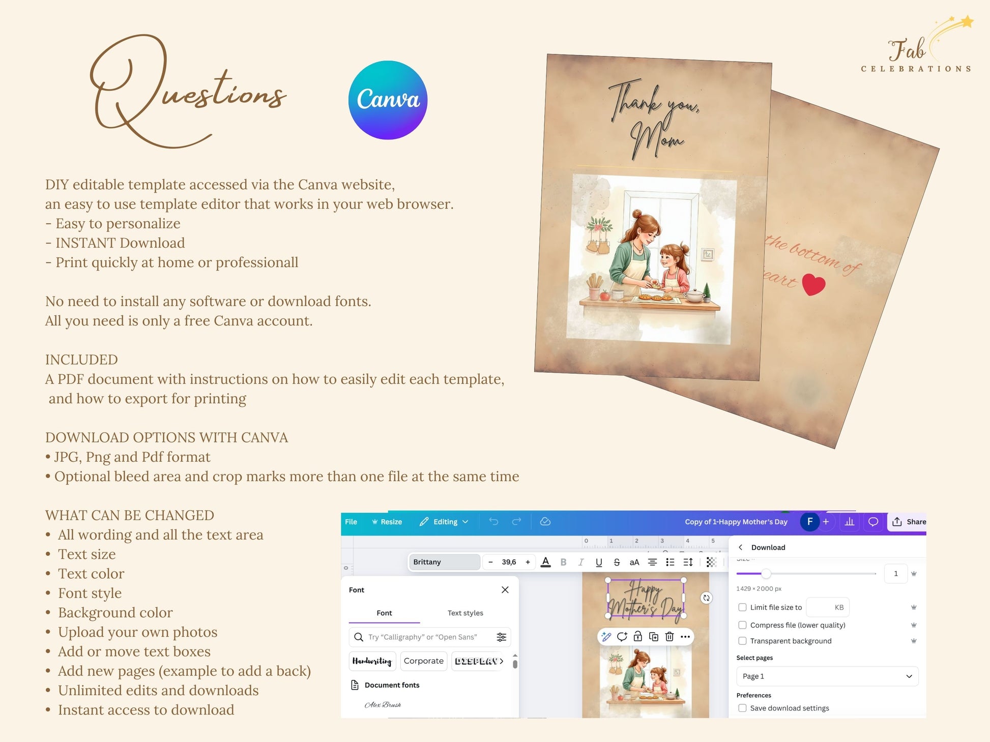Love You Mom Card Printable Canva design preview showing a high-resolution print-ready layout, instant download format, and elegant eco-friendly printable greeting card solution.