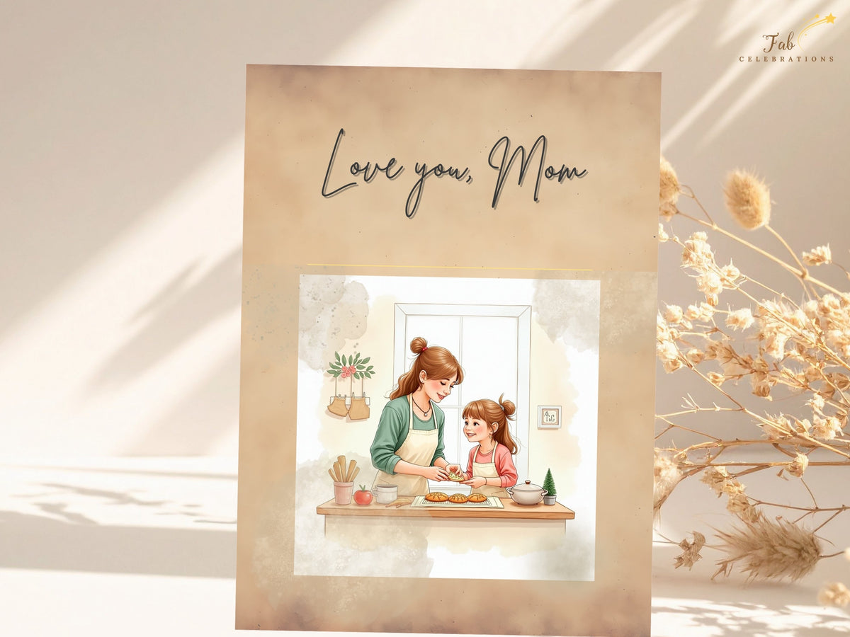 A printable Mother’s Day greeting card with the hand-lettered words “Love You Mom” above a watercolor-inspired illustration of a mother and daughter baking together in a cozy kitchen, in warm beige and peach tones. This printable card features a gentle palette and a loving everyday scene, ready for personalizing before printing.