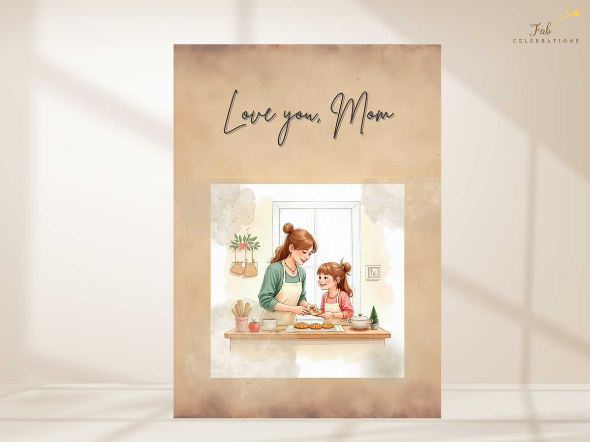 A printable Mother’s Day greeting card with the hand-lettered words “Love You Mom” above a watercolor-inspired illustration of a mother and daughter baking together in a cozy kitchen, in warm beige and peach tones. The mother and child are shown preparing baked treats together, creating a heartfelt greeting for Mother’s Day.