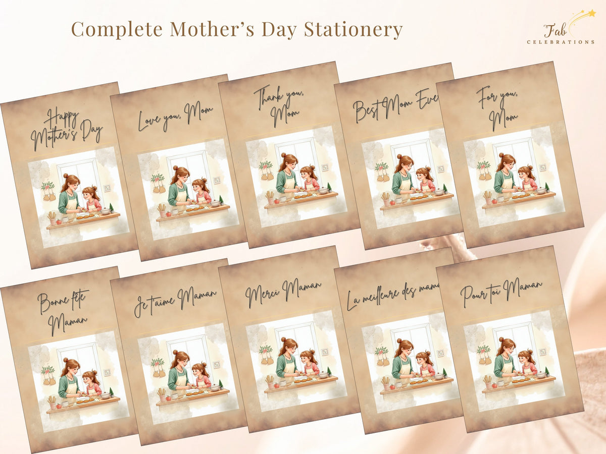 Complete Mother’s Day Simple Elegance collection showing the ten French Mother’s Day card fronts, each with a watercolor-inspired mother-and-child illustration; editable backs are included.