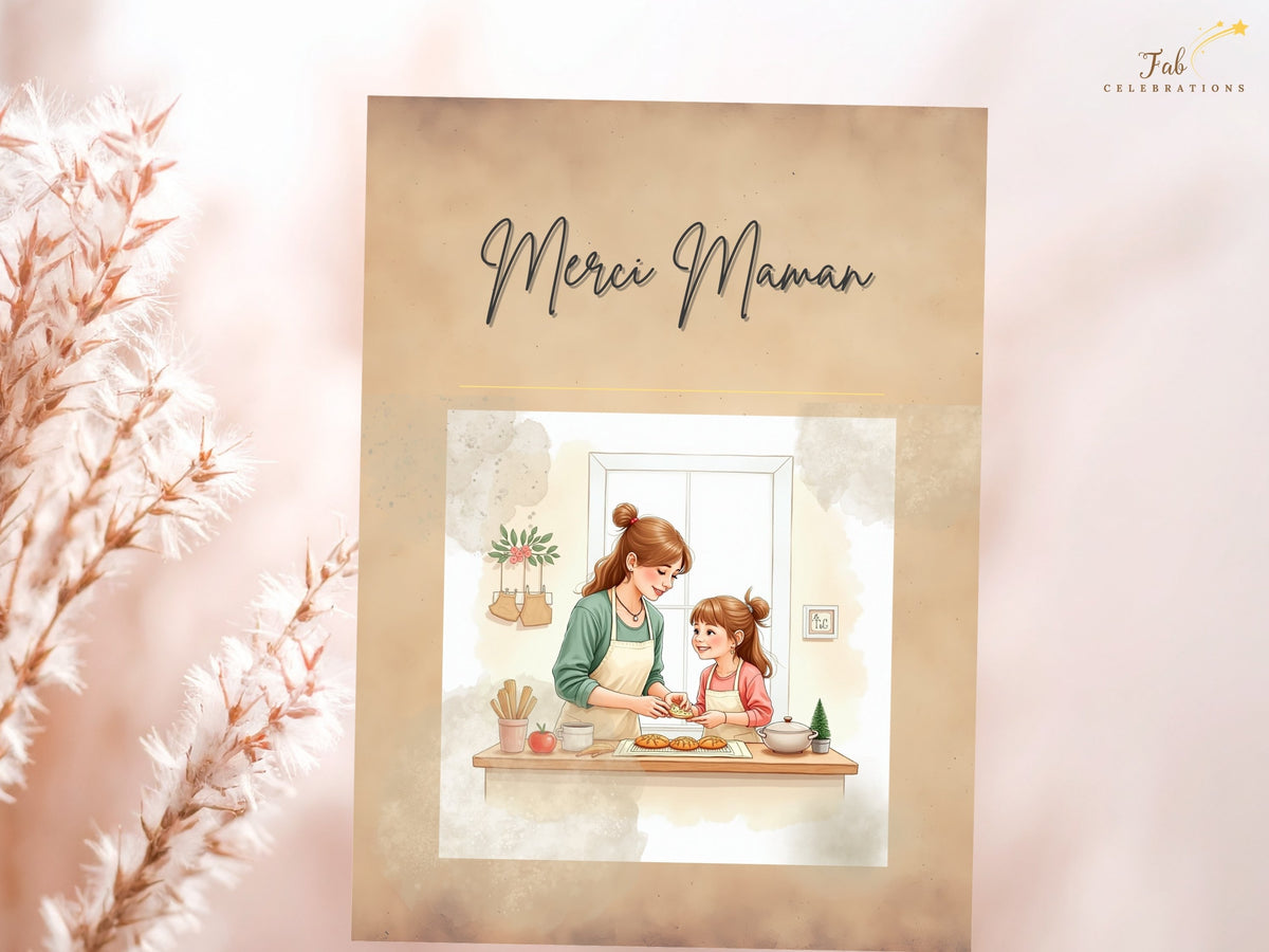 Merci Maman printable Mother’s Day card with graceful French thank-you lettering, a loving mother-and-child illustration and a soft watercolor-inspired palette for a meaningful personal greeting.