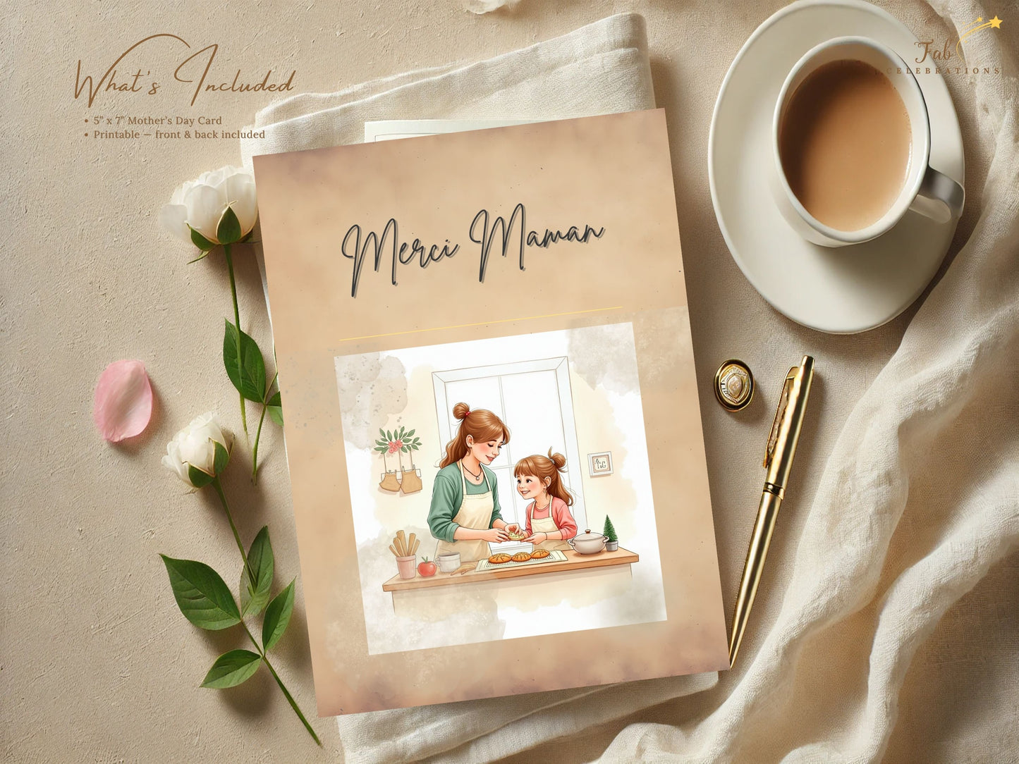 Merci Maman Card Printable featuring a tender mother and daughter baking together in a cozy kitchen scene, illustrated in soft watercolor-inspired pastel tones with elegant French-inspired typography.
