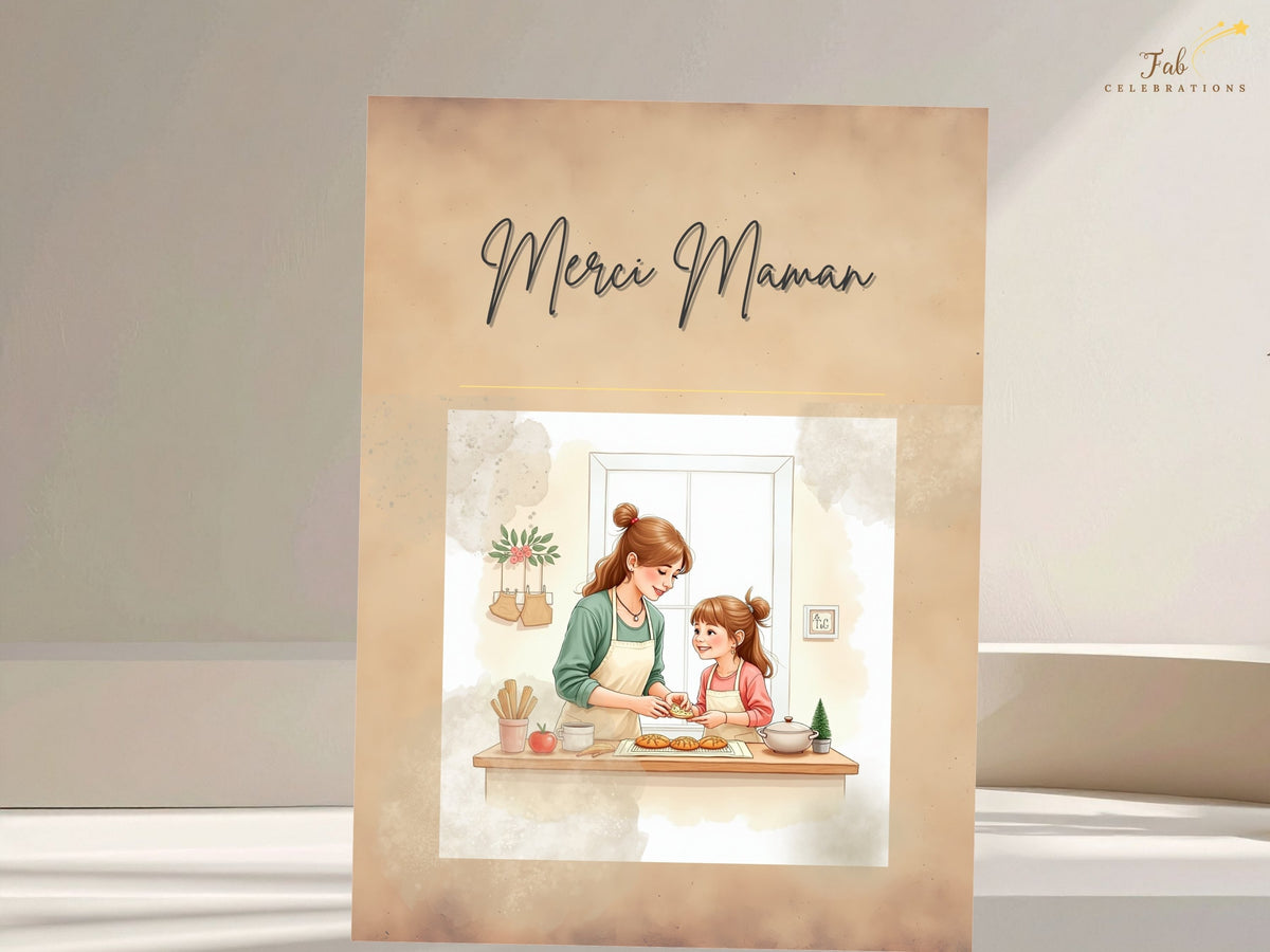 Merci Maman French Mother’s Day printable card featuring a soft mother-and-child illustration, elegant script and natural beige hues, with a watercolor-inspired design that can be edited in Canva.