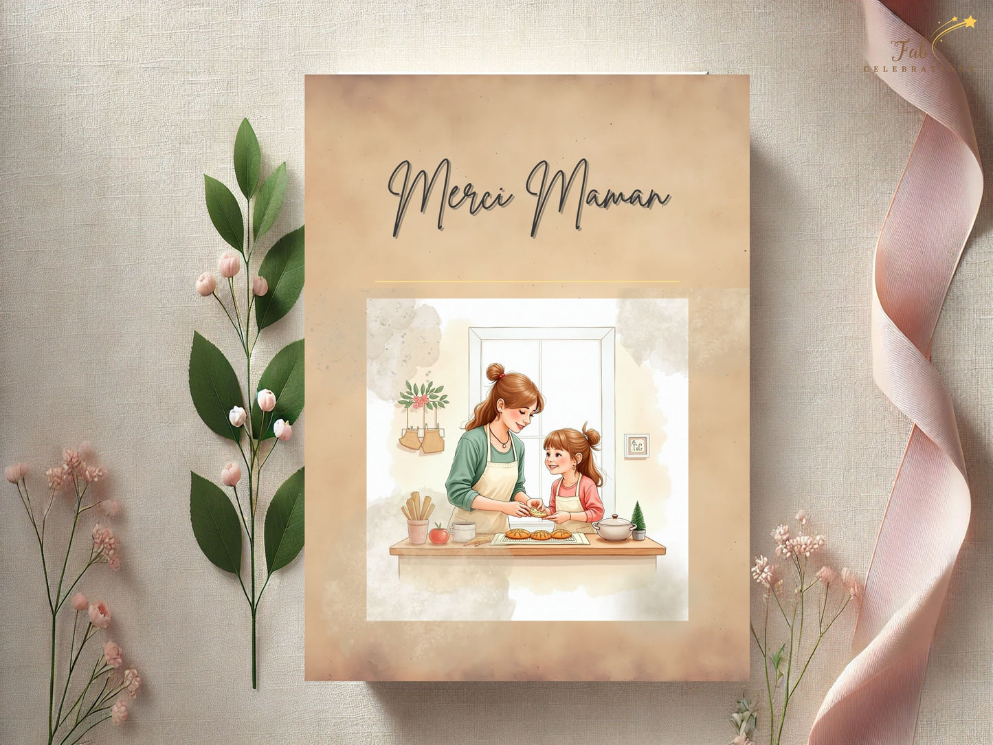 Merci Maman Card Printable personalized example displaying a custom heartfelt message for mom, styled with elegant typography, balanced composition, and soft timeless pastel tones.