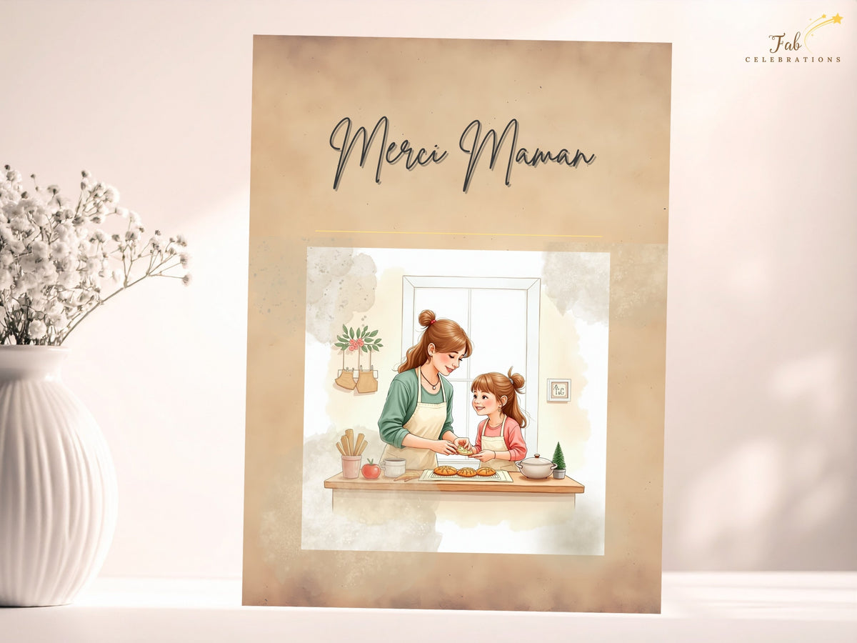 Merci Maman printable French greeting card showing a mother and child together beneath elegant lettering, with warm, watercolor-inspired tones for a personal Mother’s Day thank-you message.