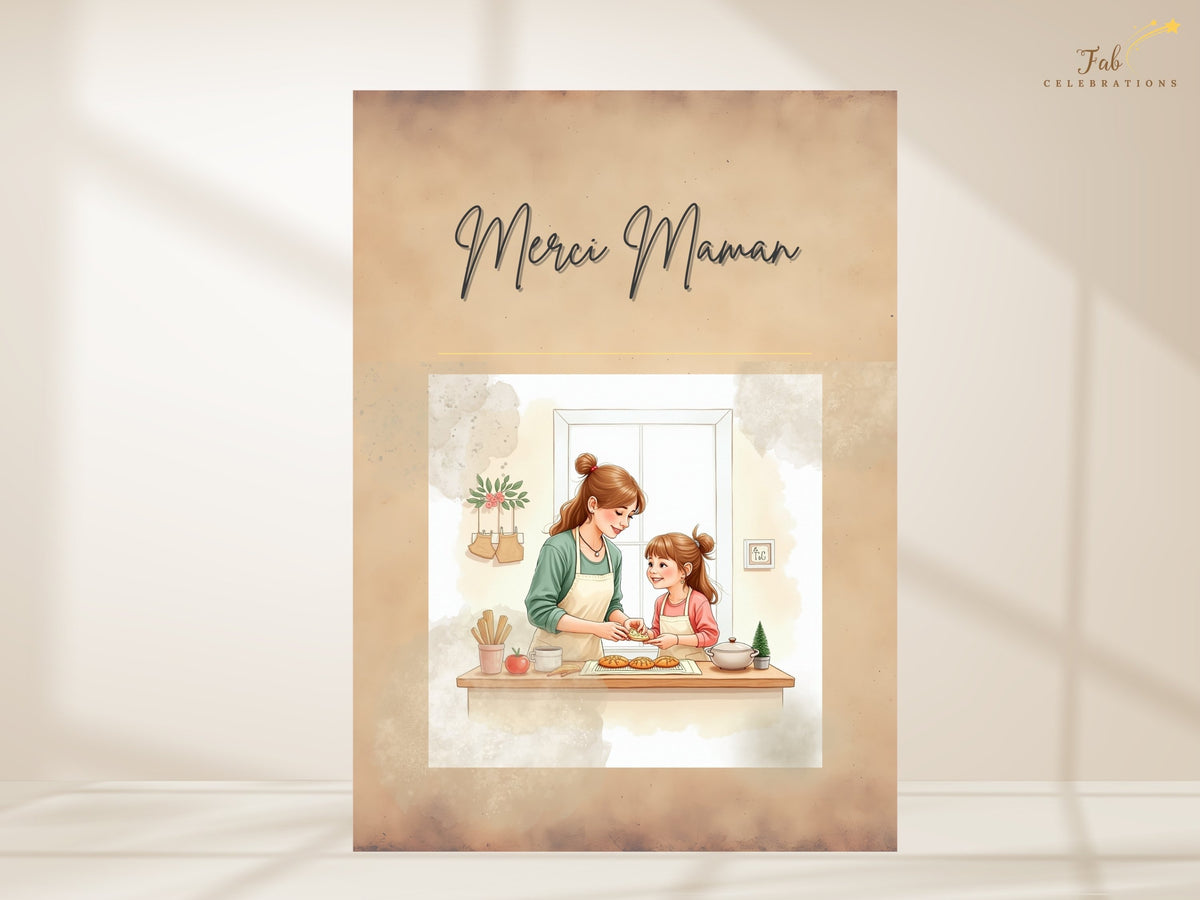 Merci Maman French Mother’s Day card with a sweet illustrated scene of a mother and child, graceful handwritten-style lettering and a watercolor-inspired look, ready to personalize in Canva.