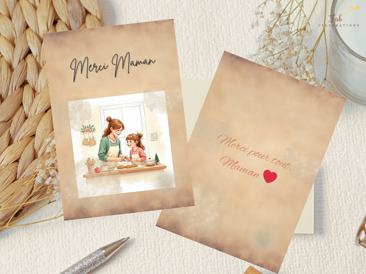 Front and customizable back of the Merci Maman Mother’s Day printable, with a mother-and-child design and a reverse reading De tout cœur beside a red heart, ready for your name or signature in Canva.