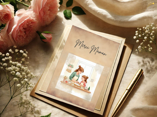 Merci Maman Card Printable close-up featuring delicate watercolor-inspired artwork, soft natural shading, refined feminine details, and heartfelt mother-daughter expressions in a warm kitchen atmosphere.
