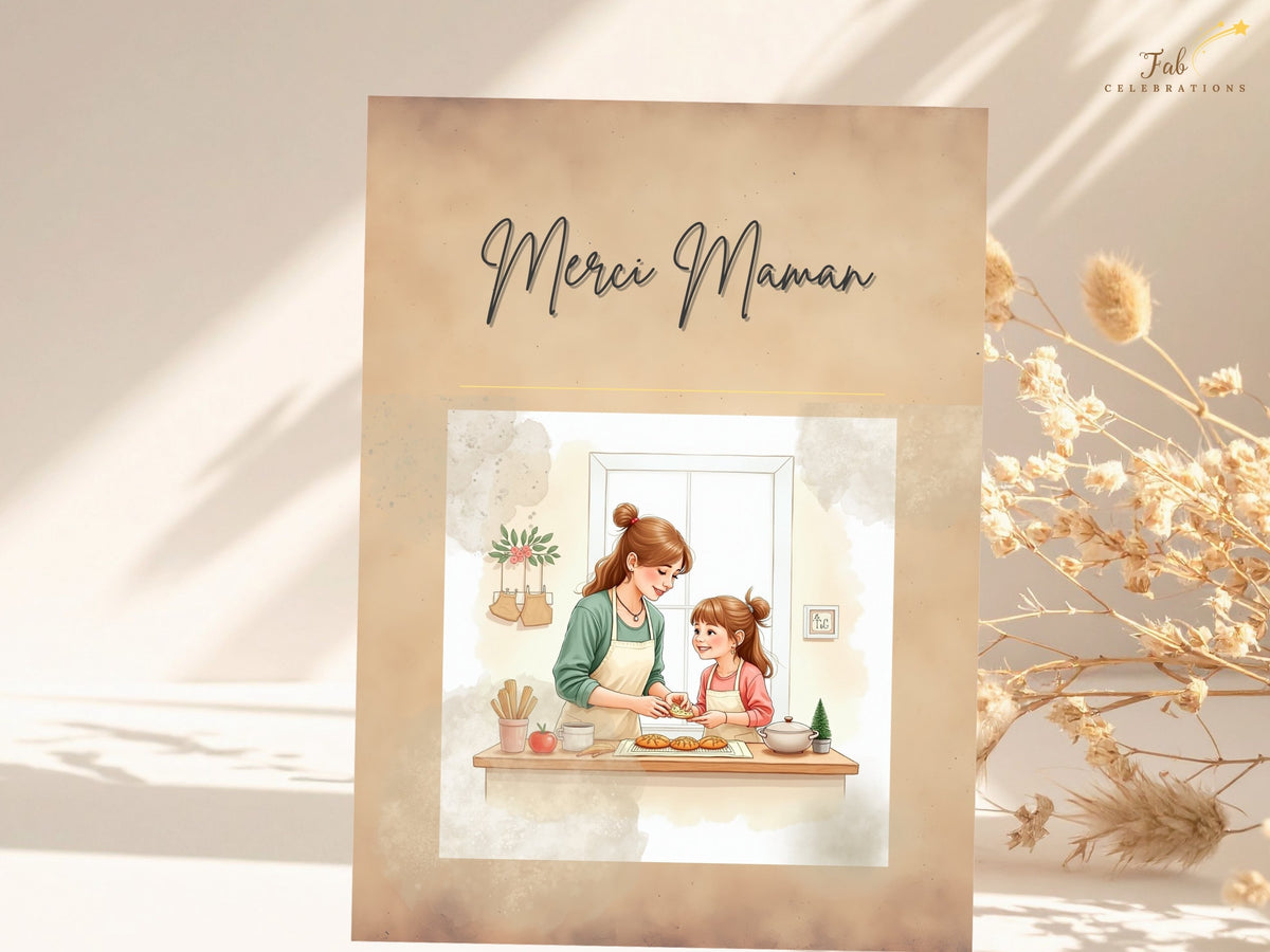 Printable Merci Maman Canva card featuring a sweet mother-and-child illustration, French thank-you lettering and a gentle watercolor-inspired design for a personalized and memorable Mother’s Day.