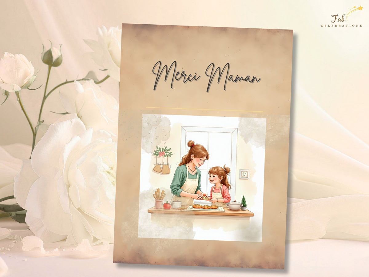 Merci Maman Card Printable featuring French thank-you lettering above a tender mother-and-child illustration, with beige tones and watercolor-inspired artwork for a heartfelt Mother’s Day greeting.