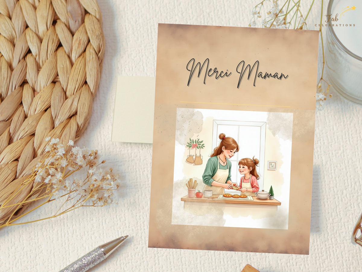 Elegant Merci Maman printable greeting card with delicate neutral shades, a tender mother-and-child scene and French thank-you lettering, creating a warm, watercolor-inspired Mother’s Day design.