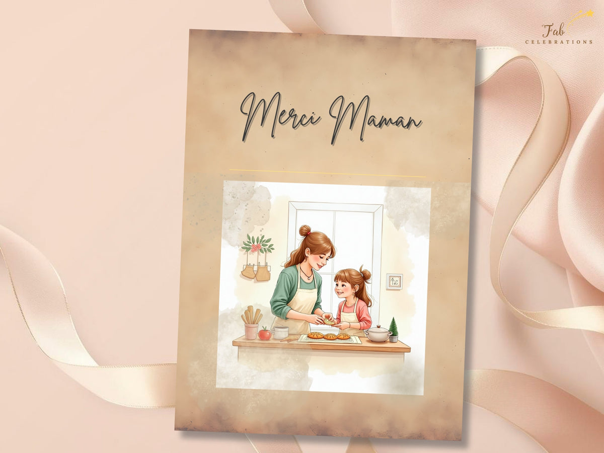 Heartfelt Merci Maman card printable with a charming illustration of a mother and child, French lettering and a gentle watercolor-inspired finish, suitable for a personal Mother’s Day greeting.