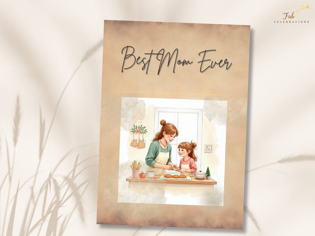 Best Mom Ever printable greeting card featuring a tender watercolor-inspired mother and daughter illustration, warm beige textured design and graceful script lettering for a loving Mother's Day.