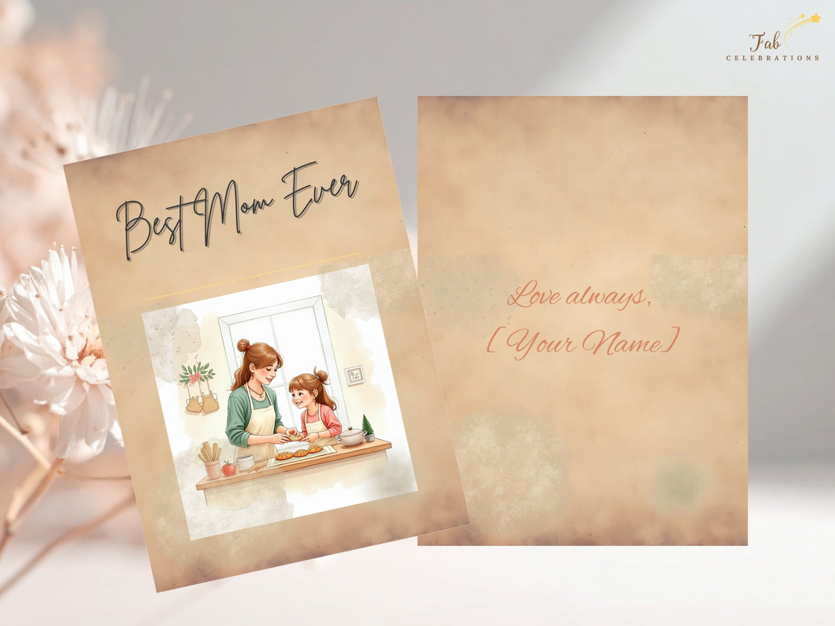 Best Mom Ever printable card shown with its matching back reading Love always, [Your Name], featuring a watercolor-inspired mother and daughter scene; edit the name or signature in Canva before.