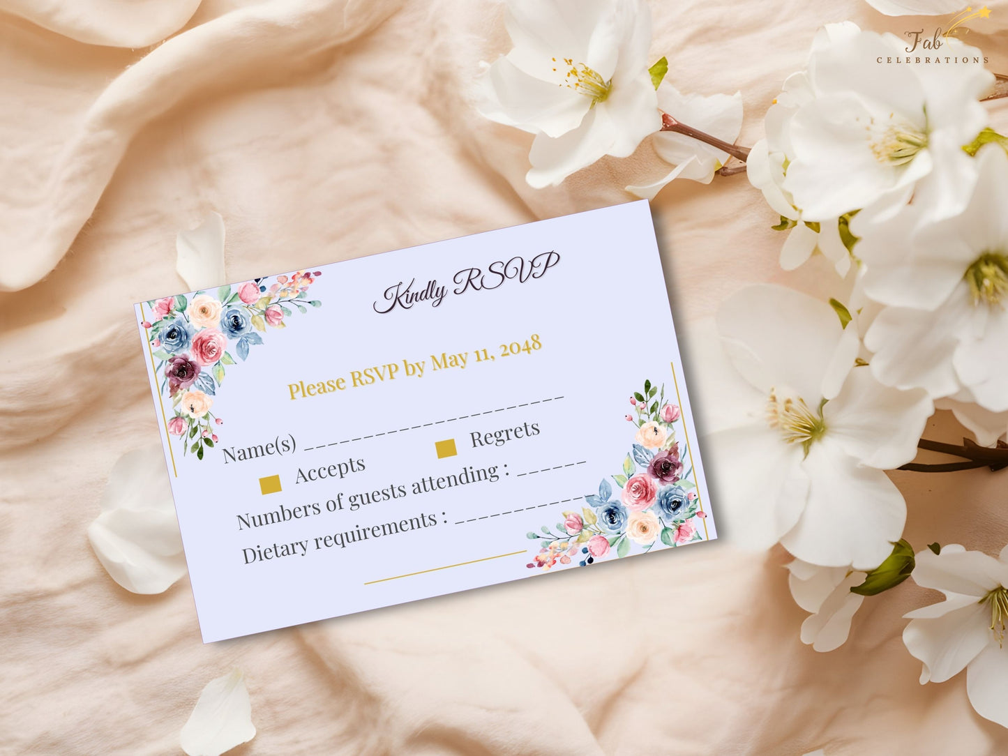 Mother’s Day Brunch RSVP card featuring an elegant watercolor-inspired floral design in blush pink, sage green, and pastel blue, created for a refined and coordinated spring celebration.