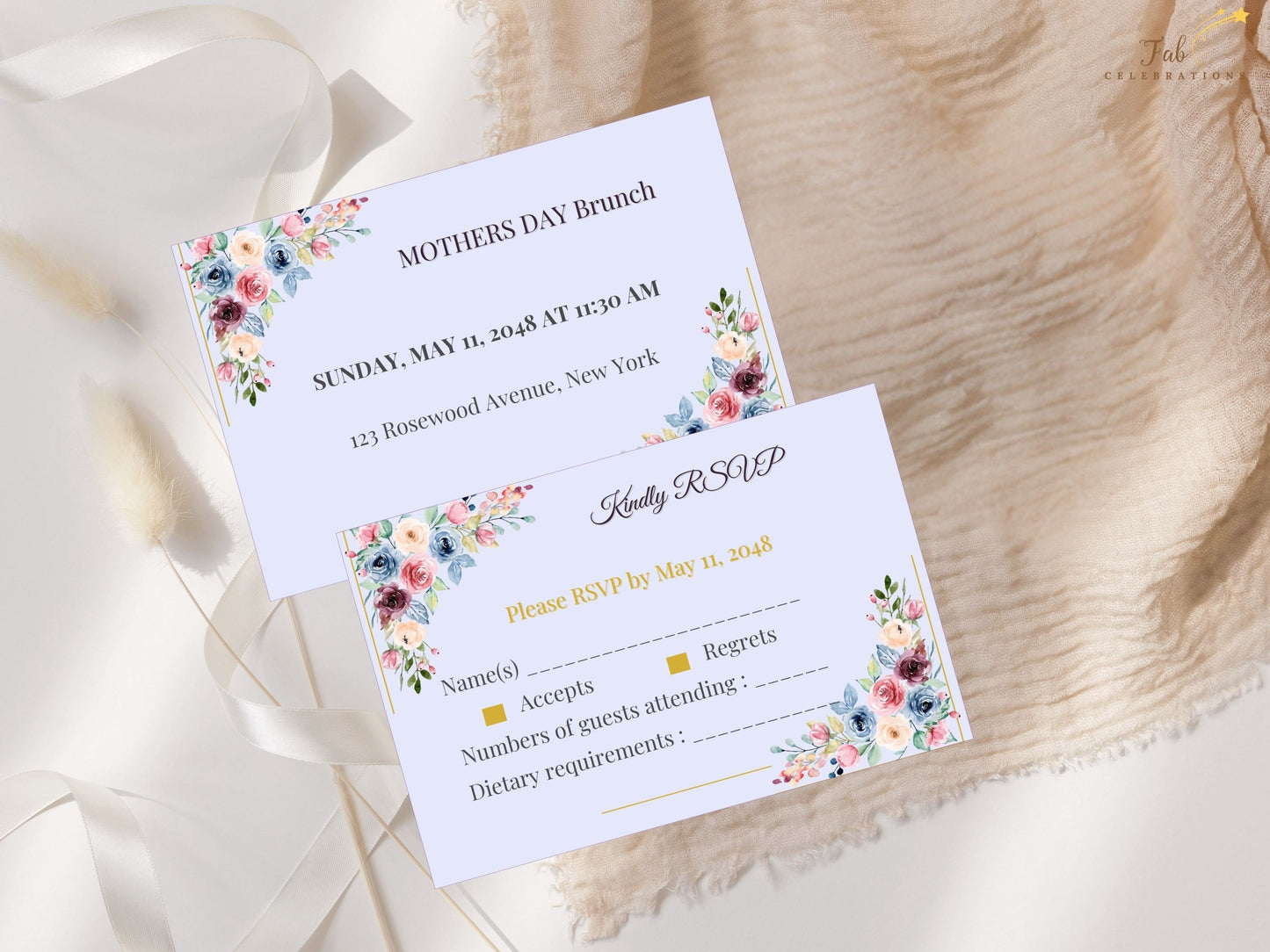 Mother’s Day Brunch RSVP sage green botanical accents bringing freshness and balance to the romantic pastel watercolor-inspired floral design and feminine layout.