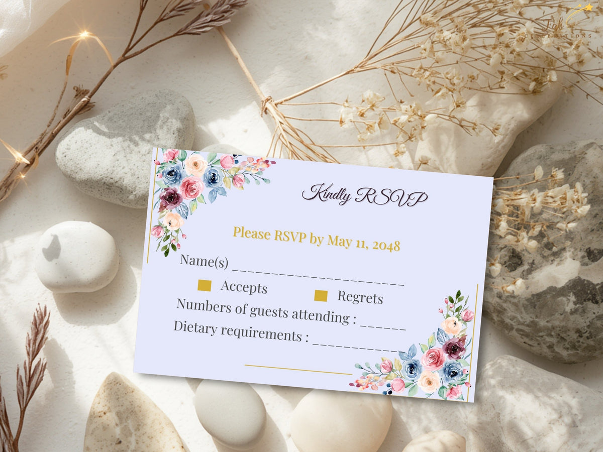 Mother’s Day RSVP card decorated with colorful watercolor-inspired flowers, delicate green foliage and elegant gold accents coordinated with the Blush Garden celebration design.