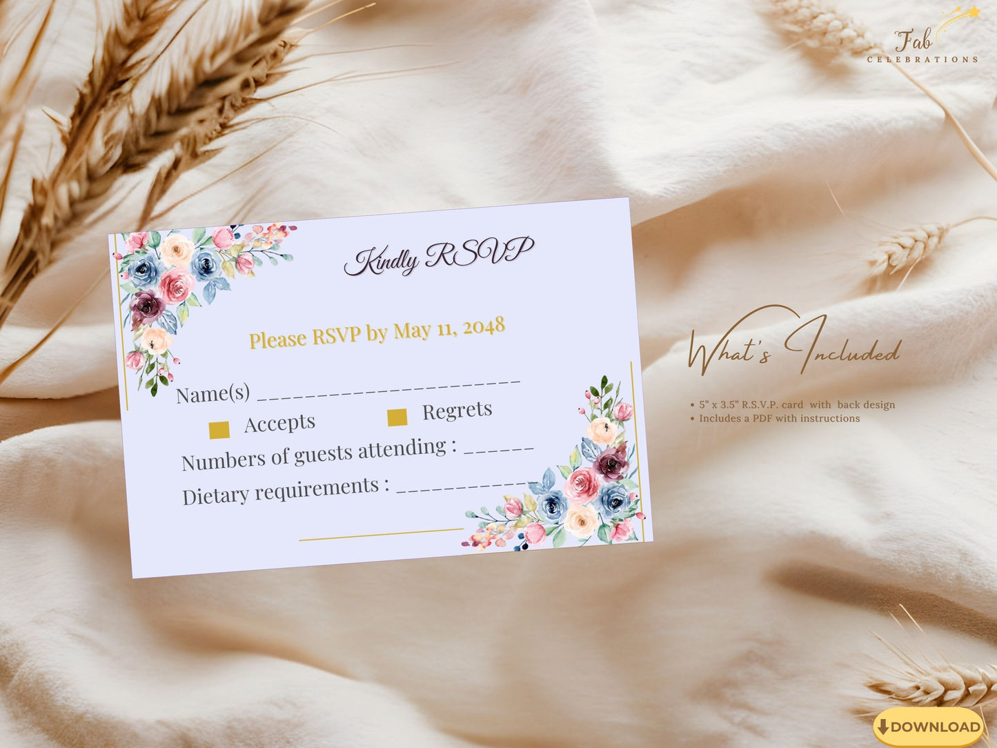 Mother’s Day Brunch RSVP printable 5x3.5 flat card showcasing delicate pastel florals, graceful typography, and a feminine layout ideal for collecting guest responses beautifully.