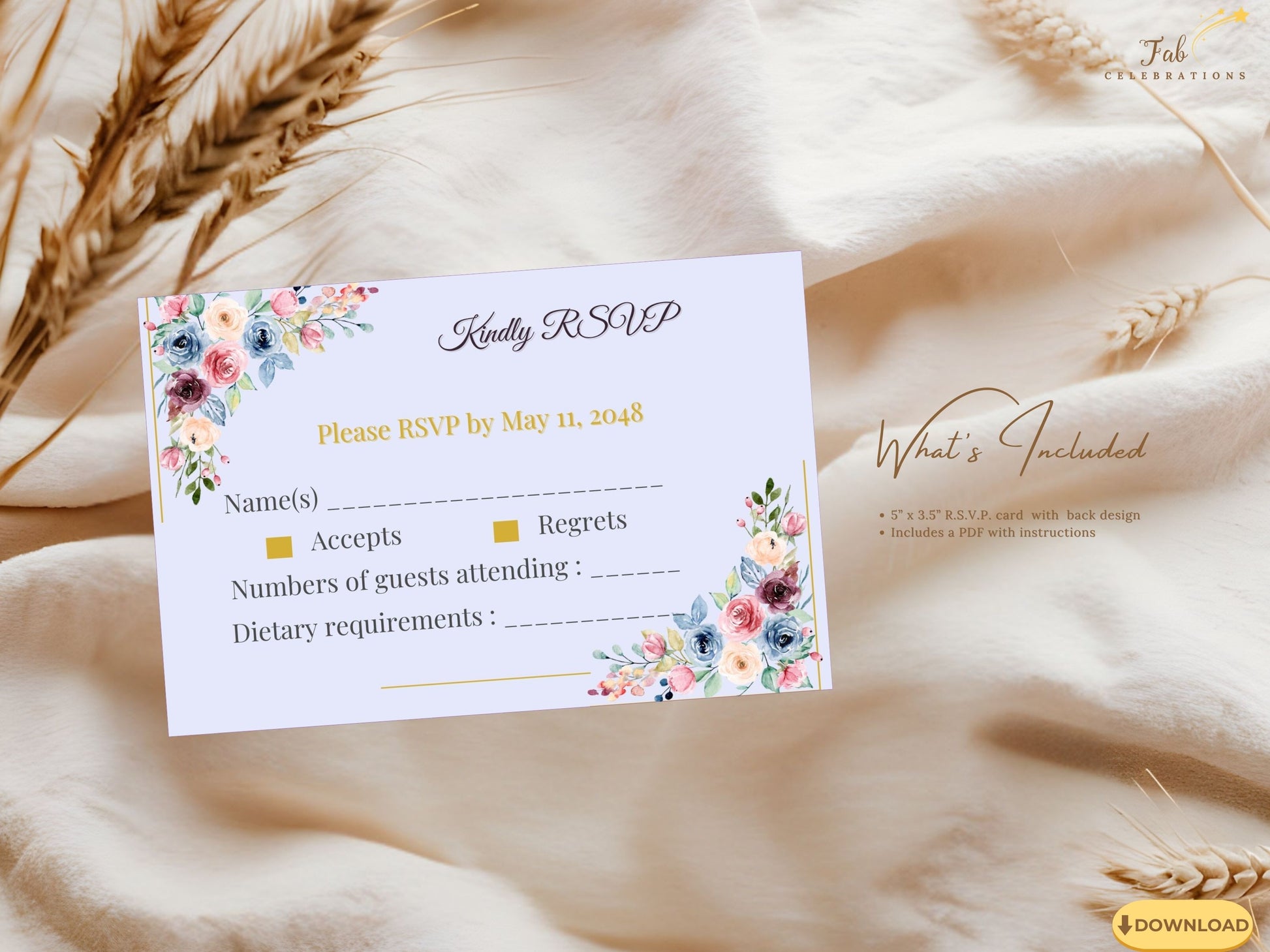 Mother’s Day Brunch RSVP printable 5x3.5 flat card showcasing delicate pastel florals, graceful typography, and a feminine layout ideal for collecting guest responses beautifully.