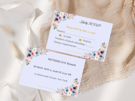 Mother’s Day Brunch RSVP floral close-up highlighting blush pink flowers, sage greenery, and watercolor-inspired botanical accents arranged in a soft spring composition.