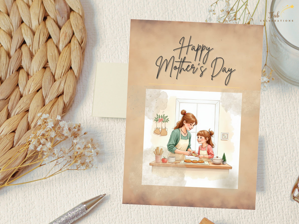 Printable Mother's Day card front showing a mother and young daughter preparing pastries together, with soft watercolor-inspired details and a prominent handwritten holiday greeting.