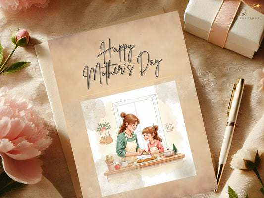 Mother’s Day Card Printable featuring an elegant front design with a tender mother and daughter baking together, illustrated in soft watercolor-inspired pastels with refined French chic details and delicate typography.