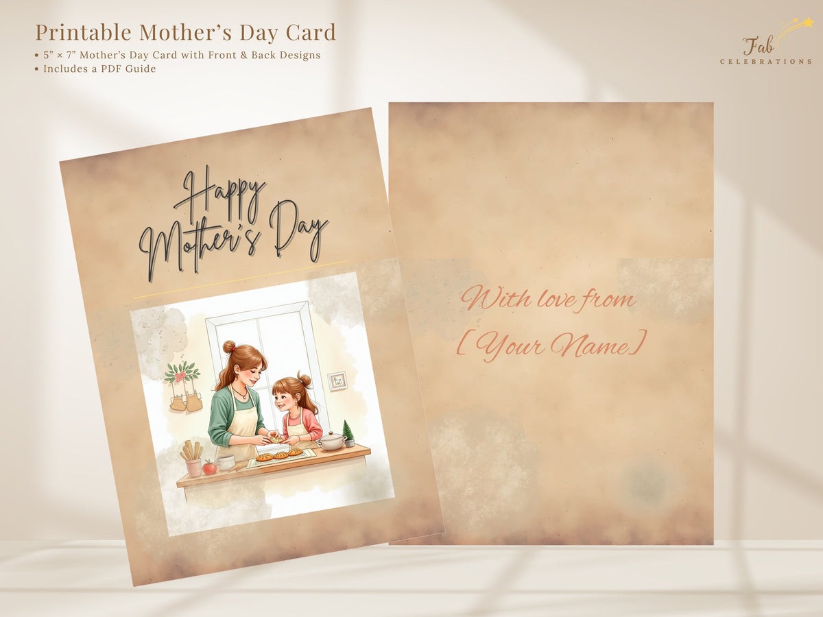 Front and back of the Mother's Day Card Printable, showing the baking illustration and editable With love from message, ready for a personal name, signature, or heartfelt closing.