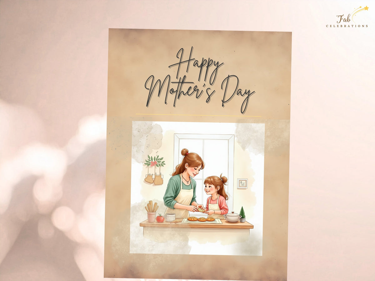 An elegant Happy Mother's Day printable card with a sweet kitchen scene of a mother and daughter baking, warm parchment-inspired colors, and a delicate watercolor-inspired finish.