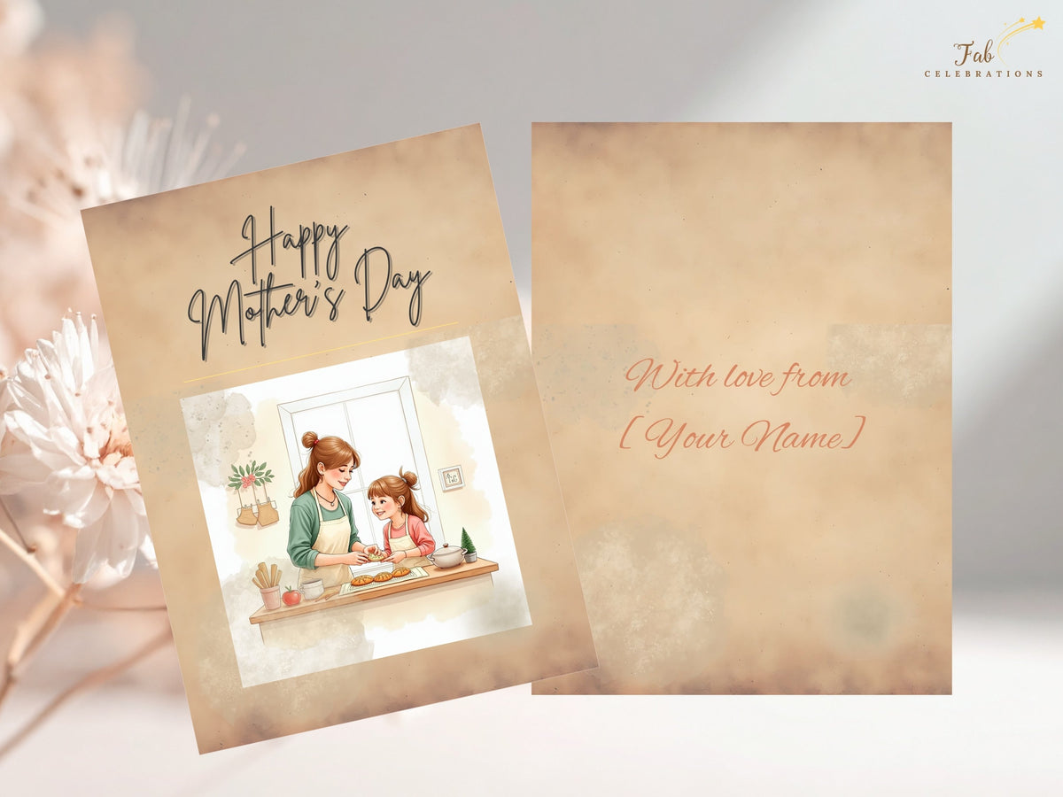 Editable Mother's Day card shown front and back: Happy Mother's Day above a baking scene, plus a With love from closing that can be changed to add a name or personal signature.