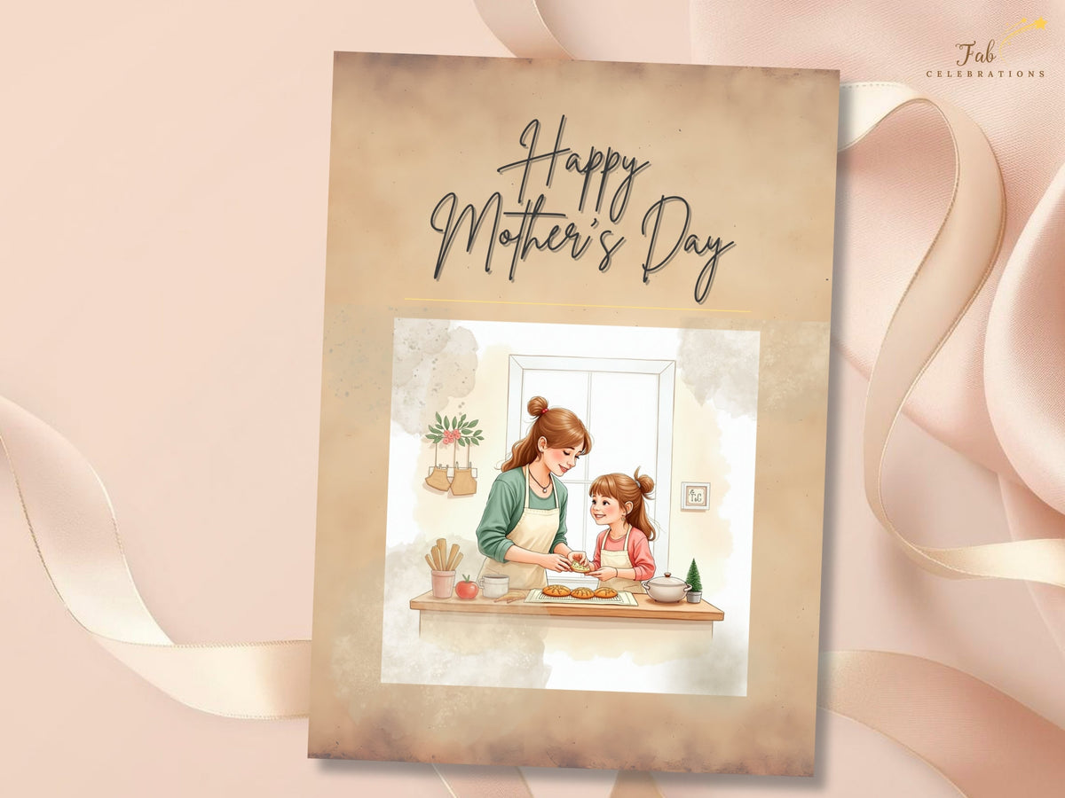 Mother's Day card front featuring a mother and daughter making pastries in the kitchen, with expressive holiday lettering and a soft beige watercolor-inspired design.