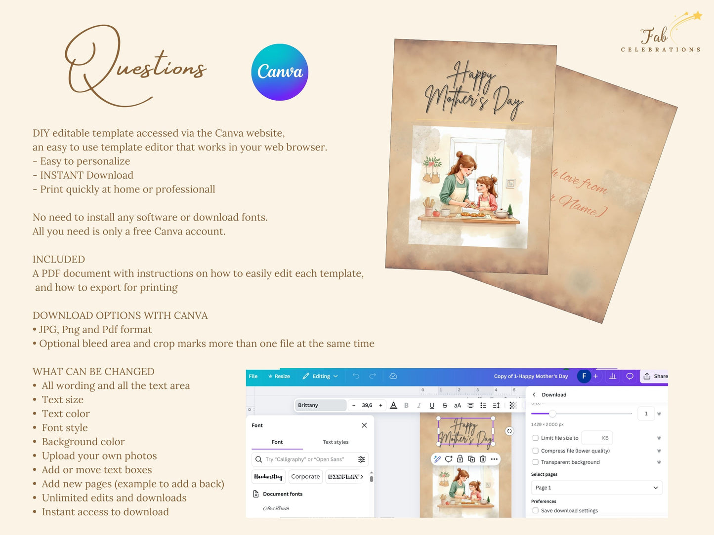 Mother’s Day Card Printable Canva design preview showing instant download format, high-resolution print-ready layout, and eco-conscious printable greeting card solution.