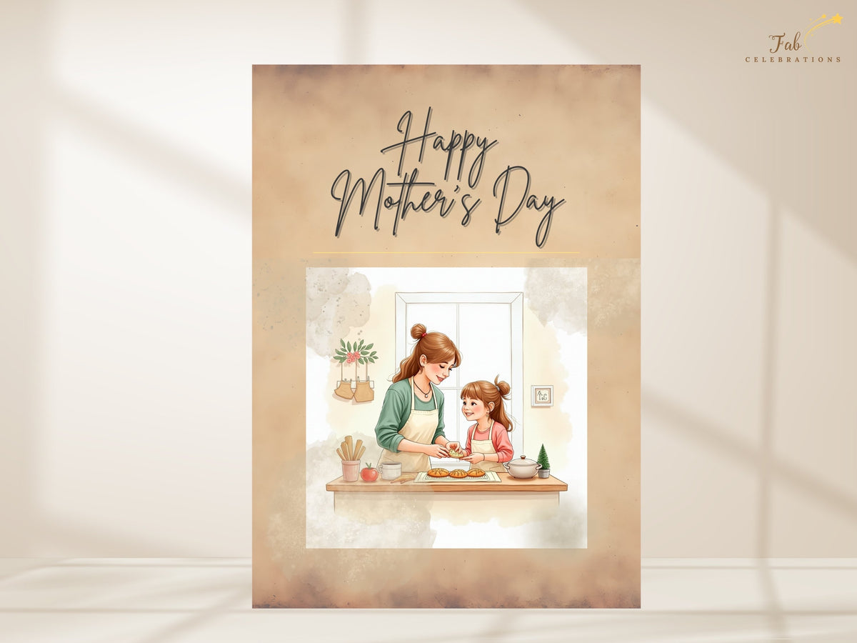 A printable Mother's Day greeting card featuring a watercolor-inspired illustration of a mother and daughter baking together, with warm beige tones and an elegant handwritten greeting. The front reads Happy Mother's Day in expressive dark script.