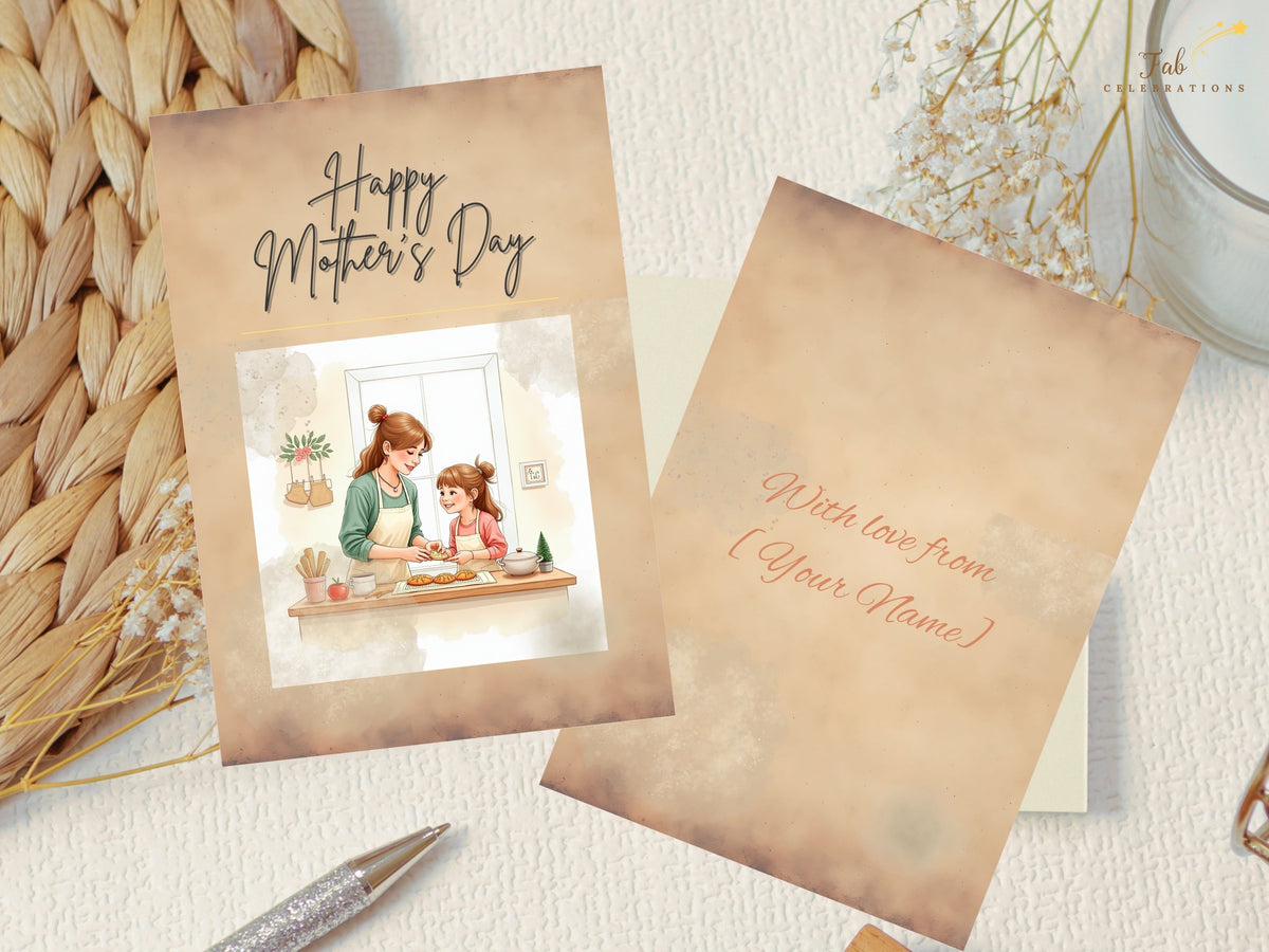 Front and matching back of a printable Mother's Day card, with a watercolor-inspired baking illustration and customizable With love from wording for a name, signature, or short message.