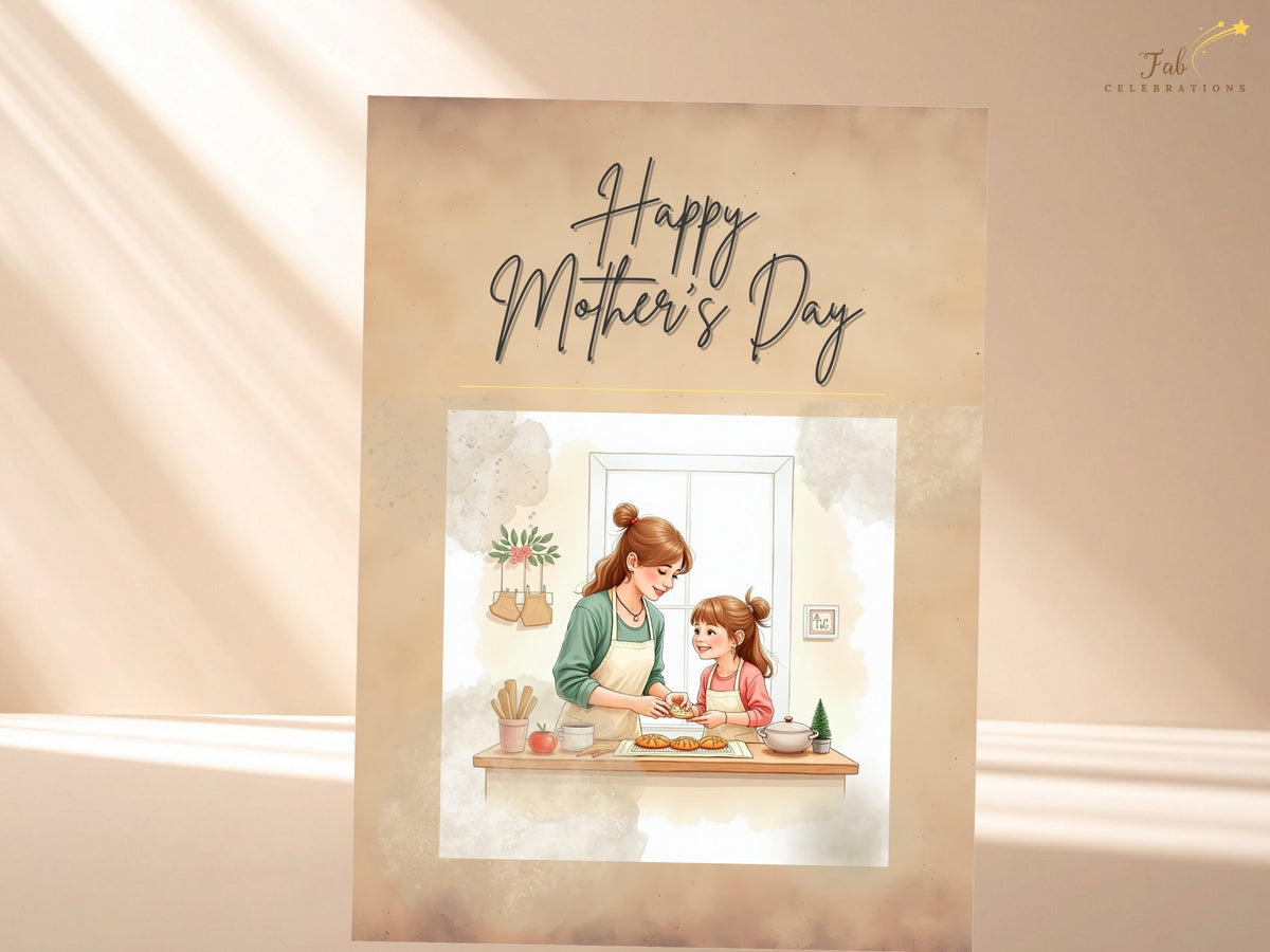 Happy Mother's Day card design with a watercolor-inspired mother-and-daughter kitchen illustration, graceful black lettering, and gentle peach and cream accents throughout.
