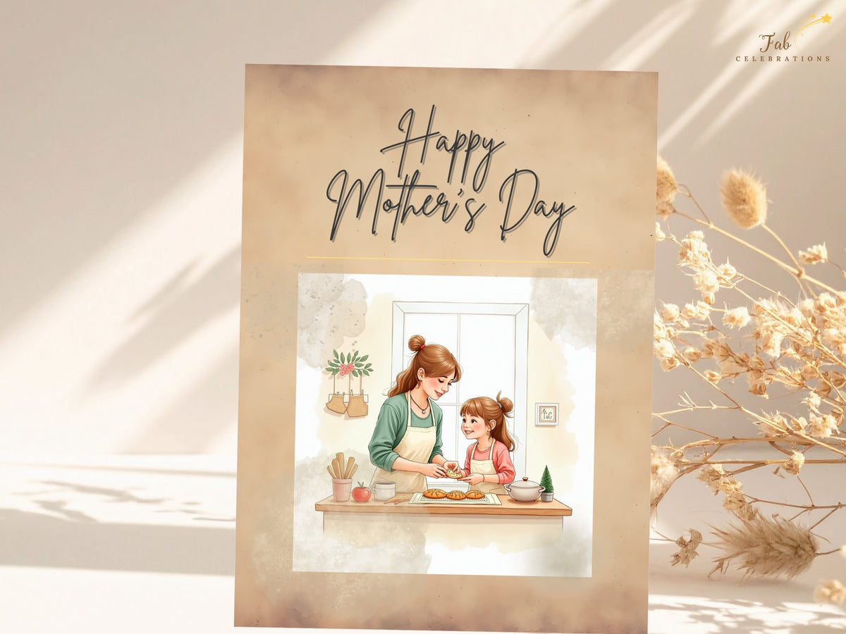 Watercolor-inspired Mother's Day card front with a loving mother-and-daughter baking scene, elegant Happy Mother's Day lettering, and a soft warm-toned finish.