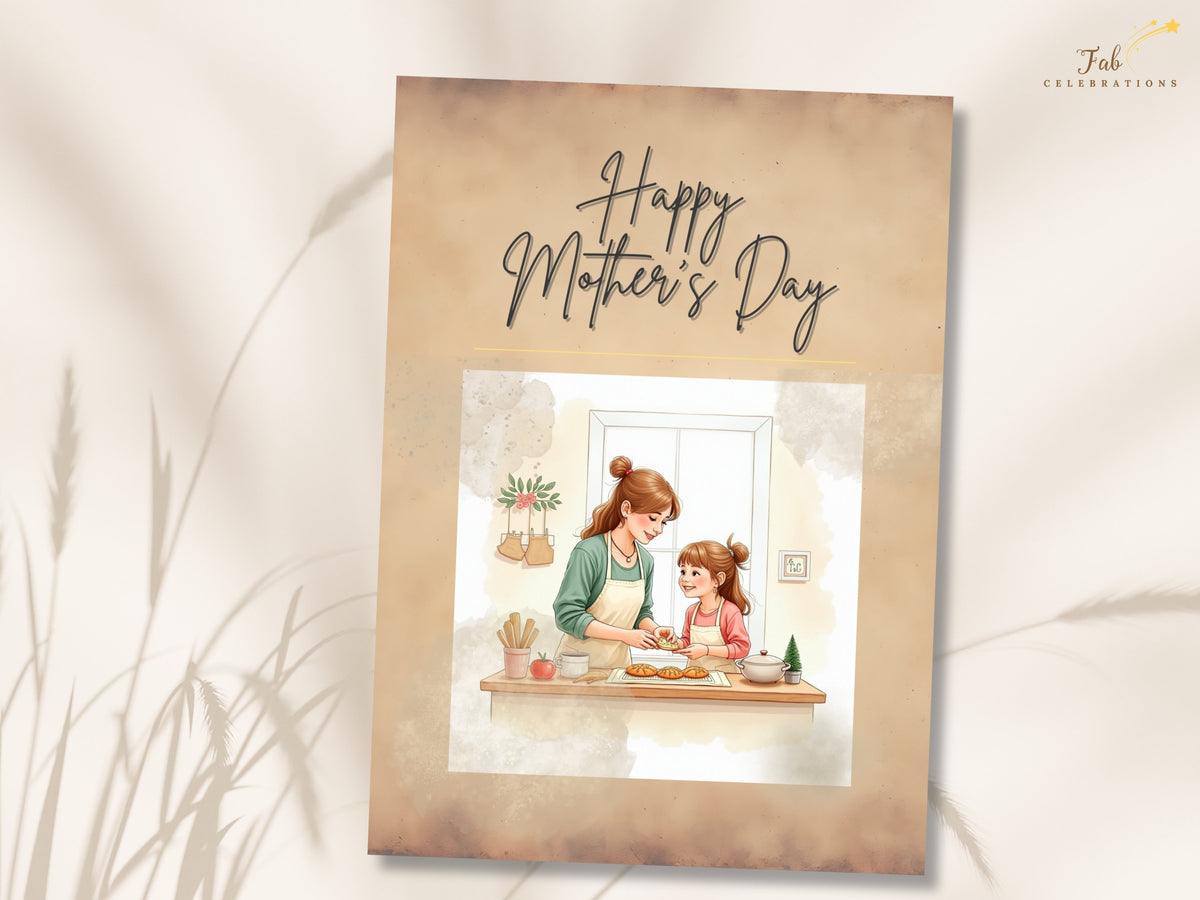 Printable Happy Mother's Day card with a delicate kitchen illustration of a mother and daughter preparing baked treats, gentle beige coloring, and flowing script typography.