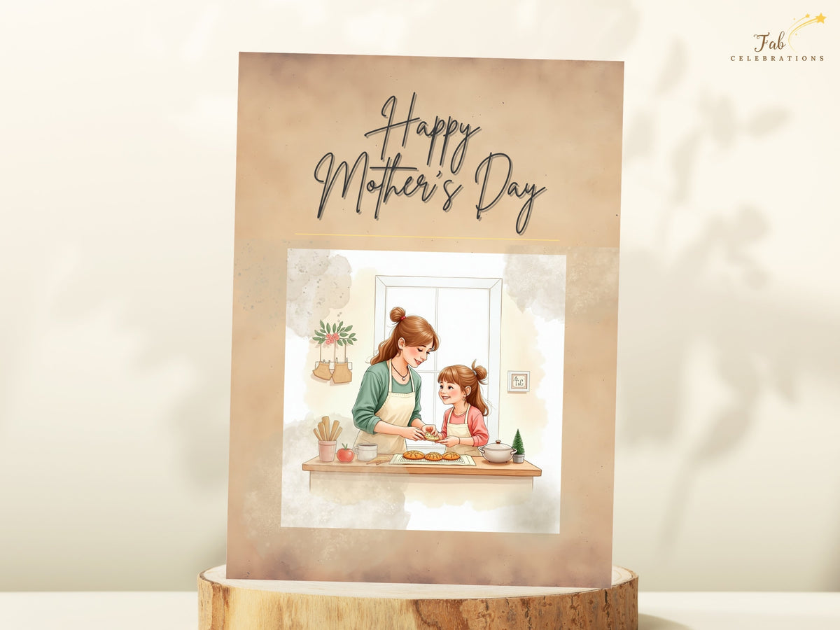Elegant printable Mother's Day greeting card with a watercolor-inspired illustration of a mother and daughter baking together and a large Happy Mother's Day message.