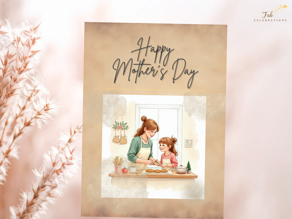 Warm watercolor-inspired Mother's Day card front featuring a mother and daughter enjoying a baking moment, with soft neutral tones and a bold handwritten greeting.