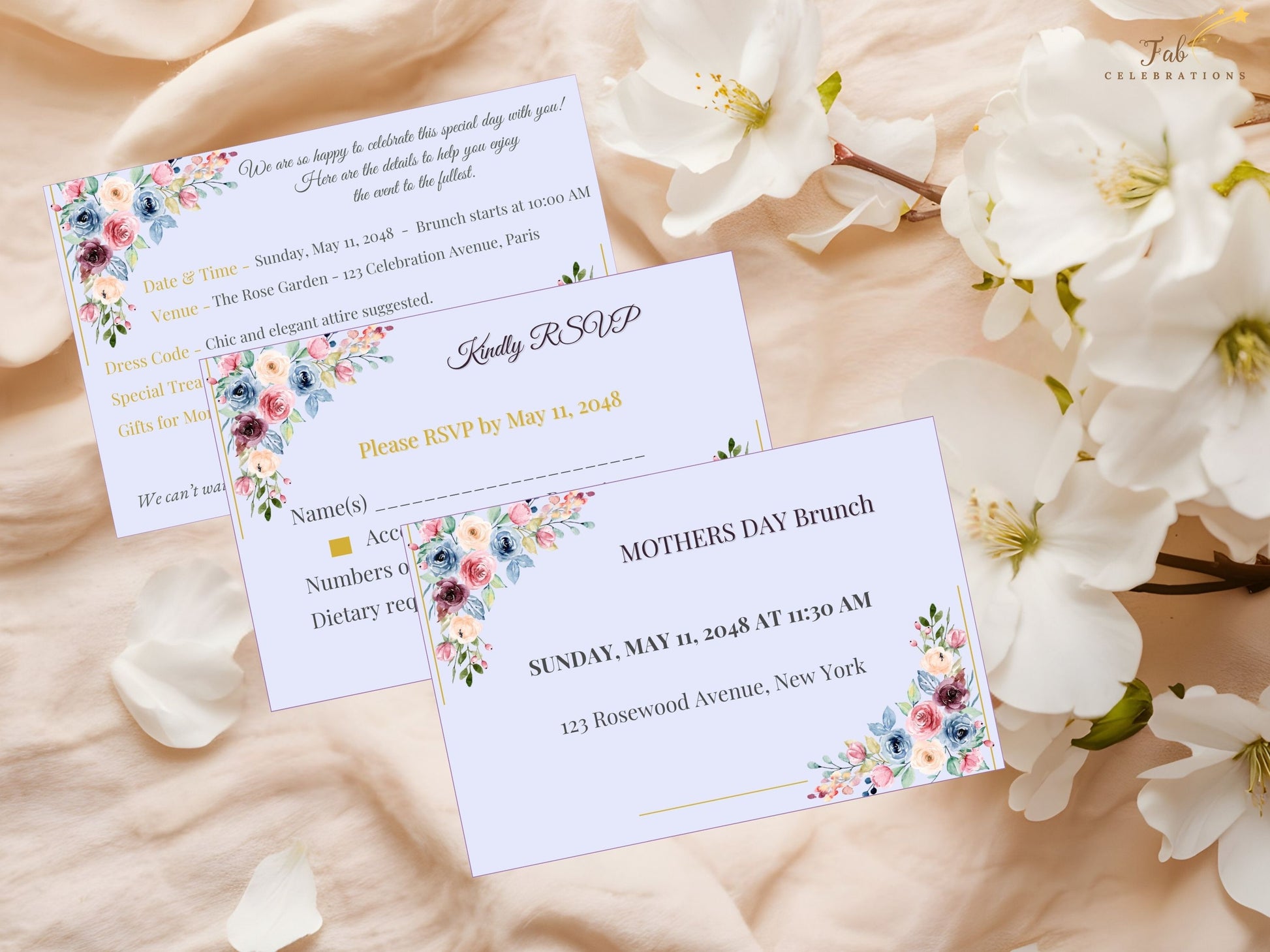 Mother’s Day Deluxe Set RSVP and details cards arranged together with romantic pastel florals and coordinated typography, creating a graceful and harmonious stationery presentation for family gatherings.