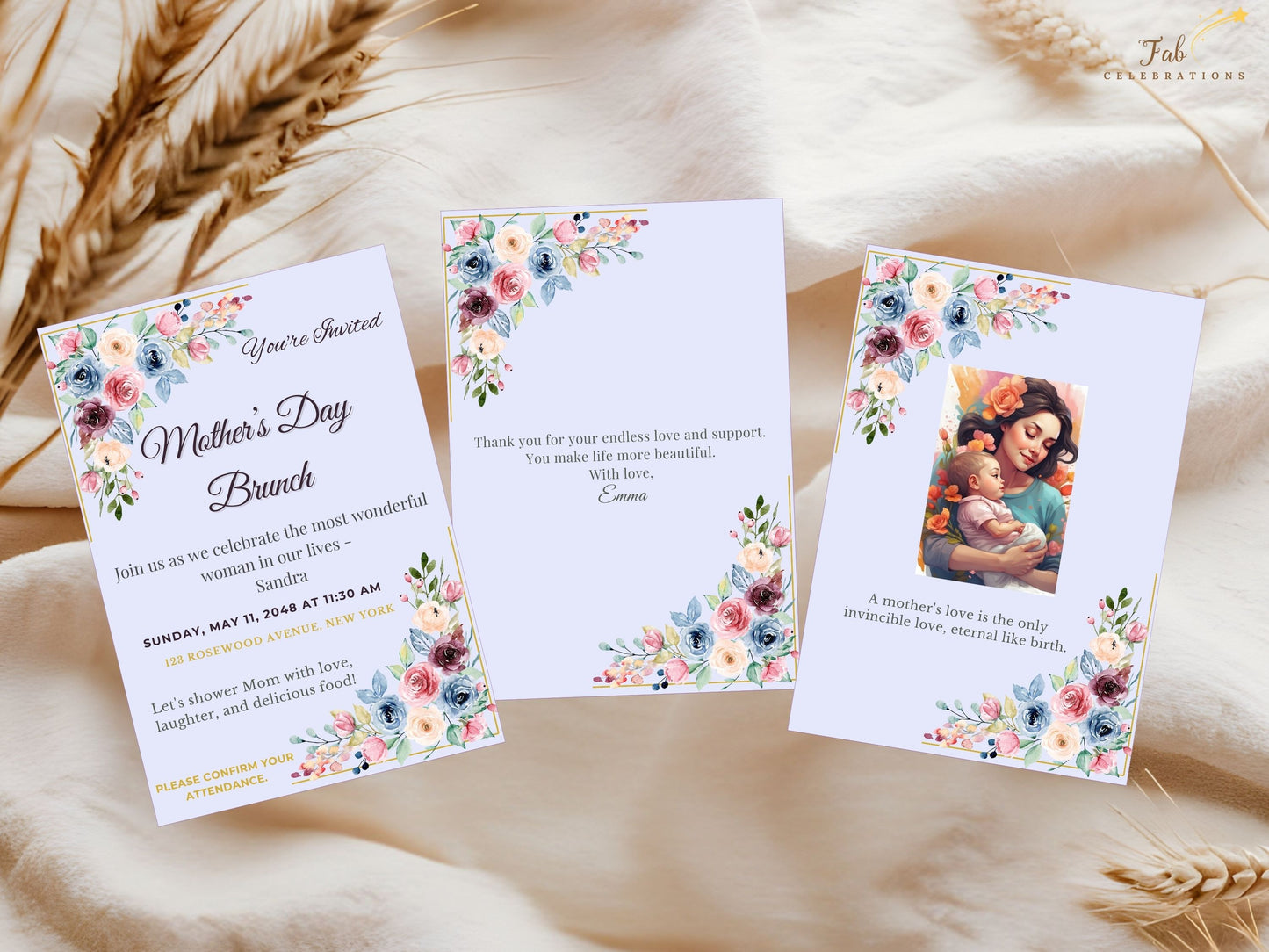 Mother’s Day Deluxe Set invitation card displayed with soft blush pink and sage green watercolor florals, refined script typography, and an elegant feminine layout designed for spring celebrations.