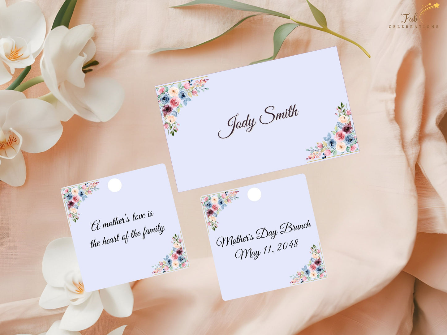 Mother’s Day Deluxe Set thank you note and matching floral gift tag featuring blush watercolor flowers, sage greenery, and elegant typography designed for heartfelt appreciation and refined finishing touches.